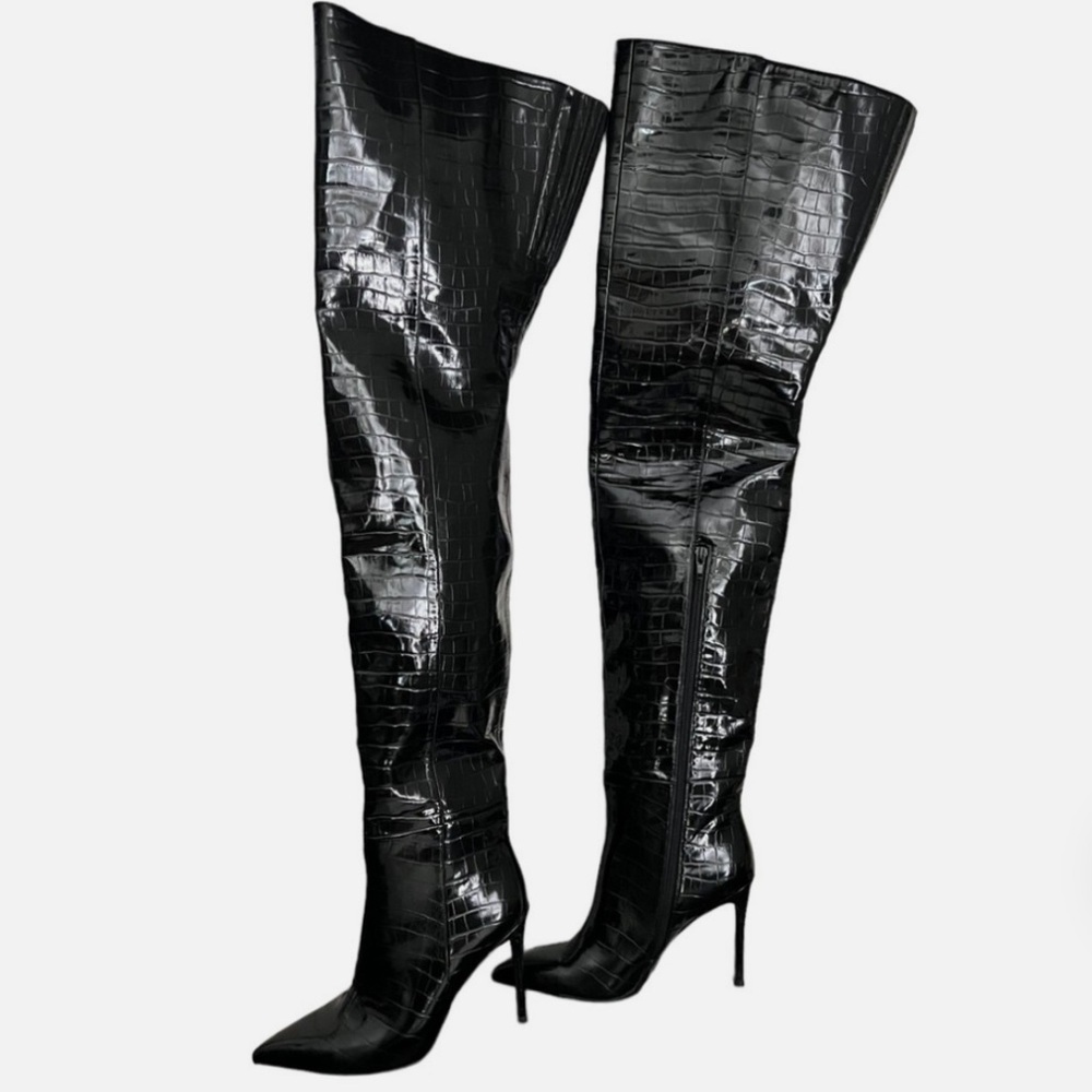 Forever 21 Black Croc Embossed Thigh High Over the Knee Boots Sz 10 - Picture 11 of 15